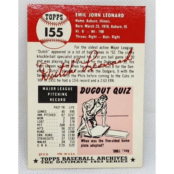 Chicago Cubs Dutch Leonard 1953 Topps Baseball Card #155 - Vintage Collectible - Picture 2 of 6